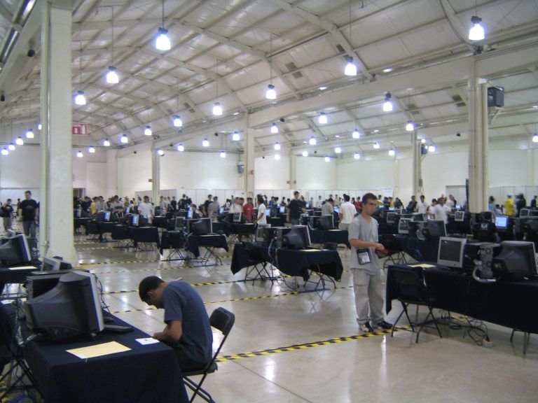 Competition hall at the International Olympiad in Informatics 2006 with rows of contest workstations