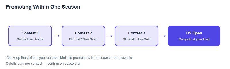 A flow showing how a student can promote through Bronze, Silver and Gold across contests within one season